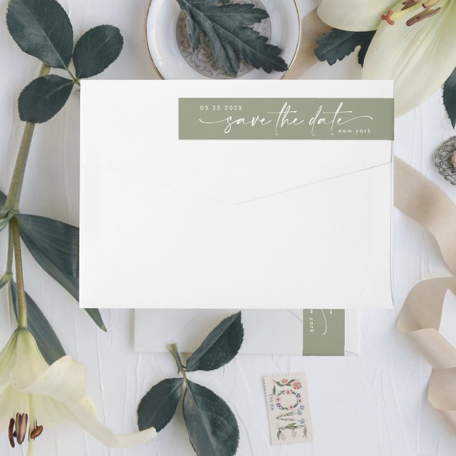 Sleek Romance Snow White Sage Save The Date Wrap Around Label (Creator Uploaded)