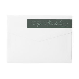 Sleek Romance | Teal on Moss Green Save The Date | Wrap Around Label