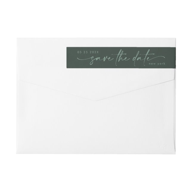 Sleek Romance | Teal on Moss Green Save The Date | Wrap Around Label (Back)