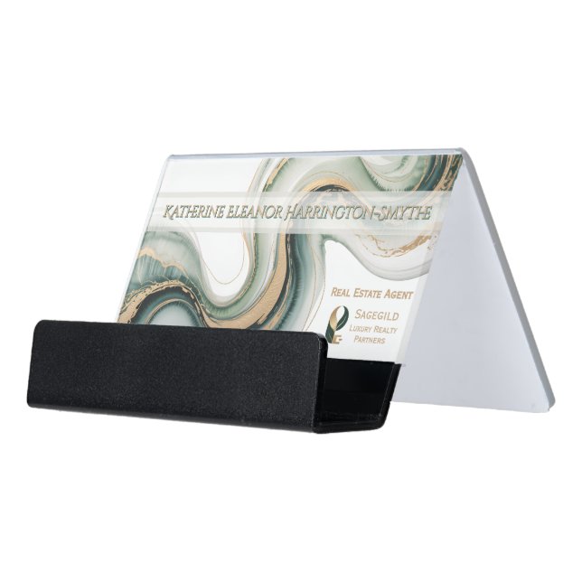 Sleek Sage Gold Marble Modern Realtor Logo QR Code Desk Business Card Holder (Angled Front)