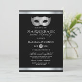 Sleek Silver & Black Masquerade Sweet 16 Party Invitation (Standing Front)