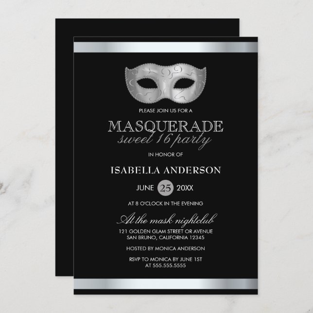 Sleek Silver & Black Masquerade Sweet 16 Party Invitation (Front/Back)