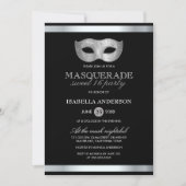 Sleek Silver & Black Masquerade Sweet 16 Party Invitation (Front)
