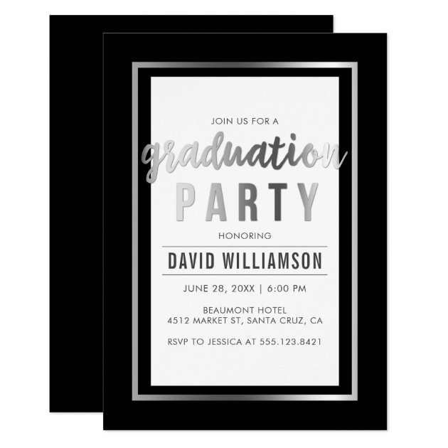 Sleek Silver & Black Typography Graduation Party Invitation