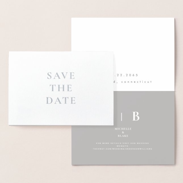 Sleek Silver & White Monogram Save the Date Foil Card (Display)