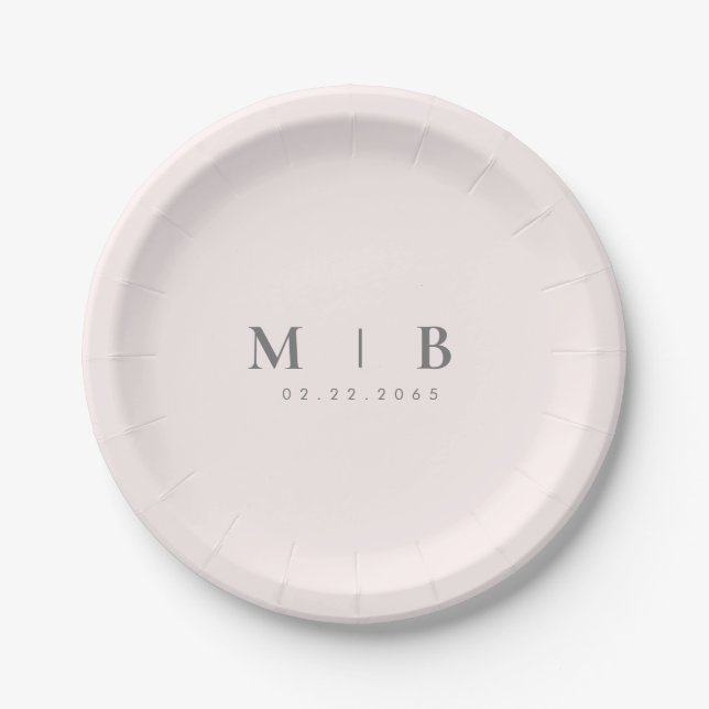 Sleek Simple Blush Monogram Wedding Paper Plate (Front)
