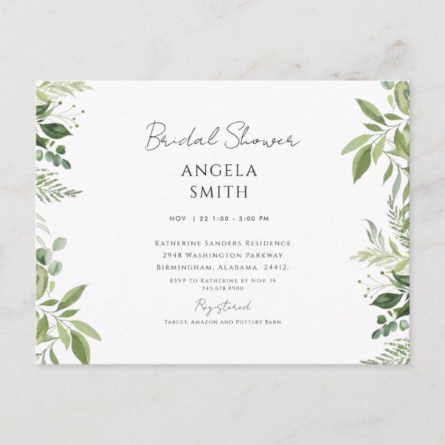 Sleek & Simple Foliage White Bridal Shower  Postcard (Front)
