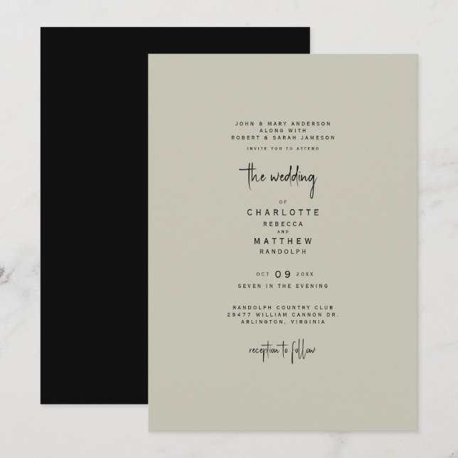 Sleek & Simple Tan & Black Wedding Invitation (Front/Back)