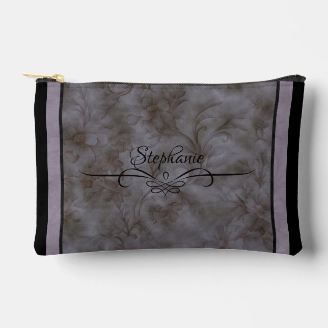 Sleek smoky gray ,lavender and black accessory pouch (Front)