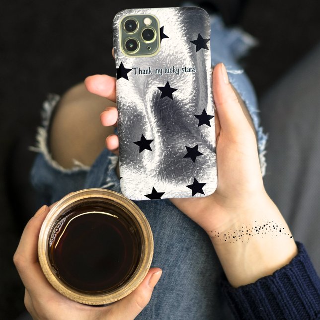 Sleek "Thank my lucky stars" Silver Black Stars Case-Mate iPhone Case (Trendy sleek silver gray cell phone case with simple black stars for elegant wow factor!)