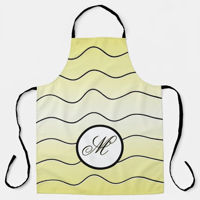 Sleek Wavy Lines Family Initial Butter Yellow Apron (Front)