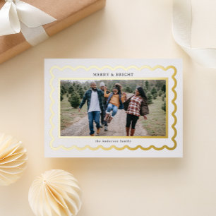 Sleek White and Gold Preppy Scallop Photo Frame Foil Holiday Card