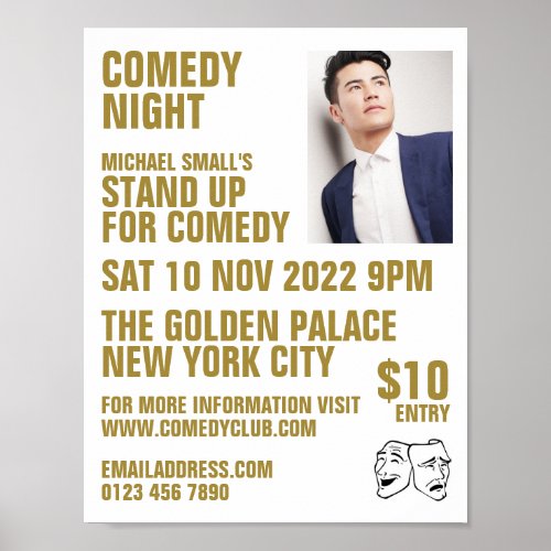 Sleek White  Gold Comedian Comedy Club Advert Poster