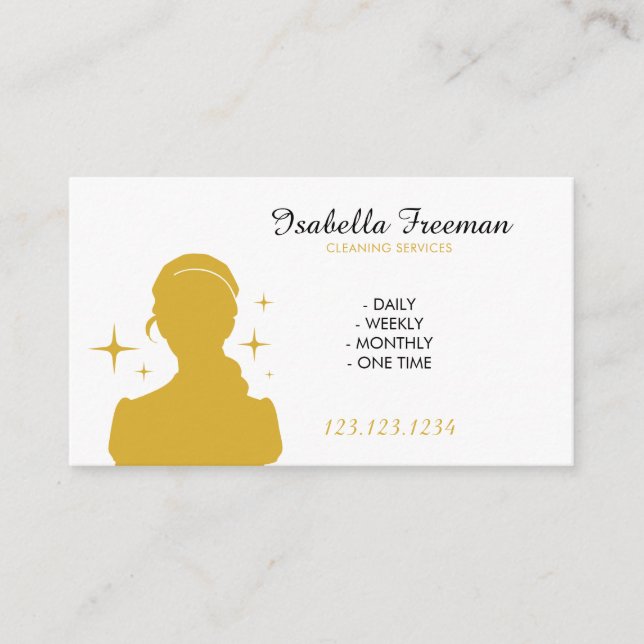 Sleek White & Gold Maid Silhouette House Cleaning Business Card (Front)