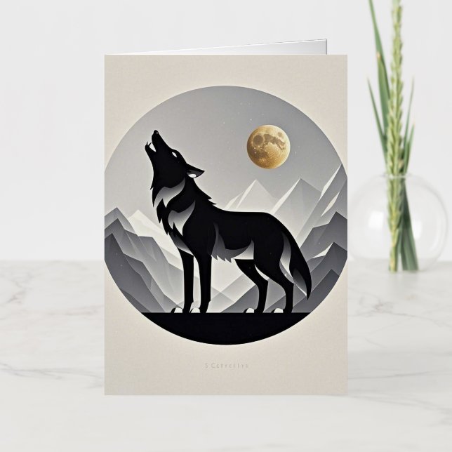 Sleek wolf silhouette black gray minimalist foil greeting card (Front)