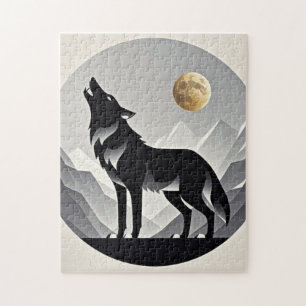 Sleek wolf silhouette black gray minimalist jigsaw puzzle