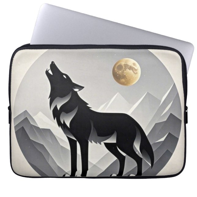 Sleek wolf silhouette black gray minimalist laptop sleeve (Front)