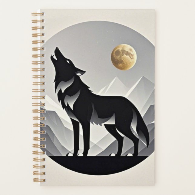 Sleek wolf silhouette black gray minimalist planner (Front)