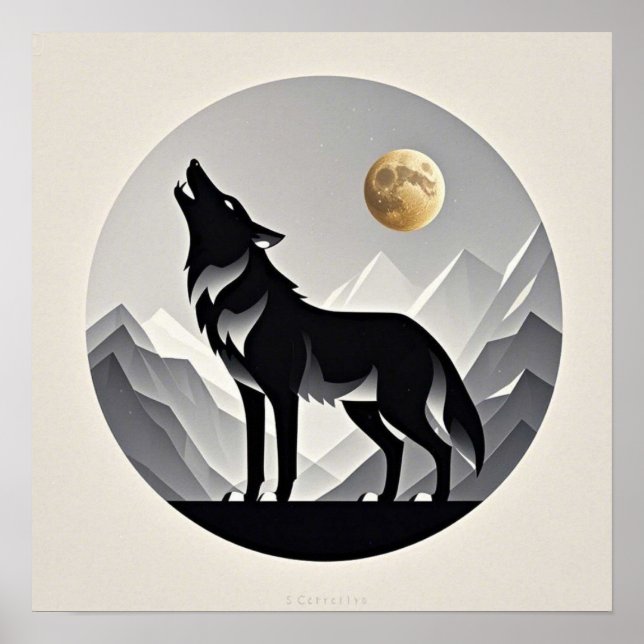 Sleek wolf silhouette black gray minimalist poster (Front)