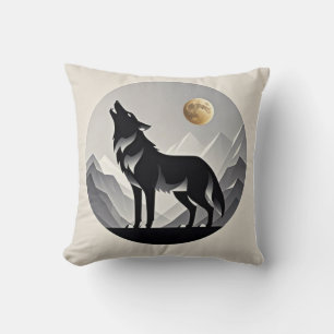 Sleek wolf silhouette black gray minimalist throw pillow
