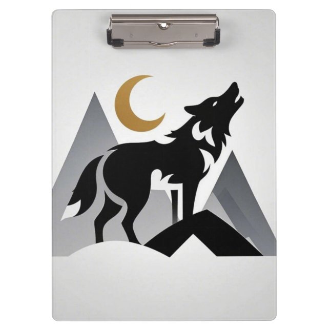 Sleek wolf silhouette howling crescent moon clipboard (Front)