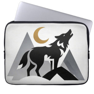 Sleek wolf silhouette howling crescent moon laptop sleeve