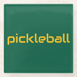 Sleek Yellow PICKLEBALL Text On Hunter Green Glass Coaster