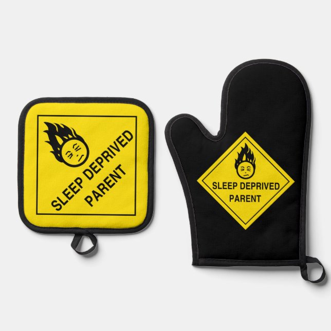 Sleep Deprived Parent Oven Mitt & Pot Holder Set (Front)