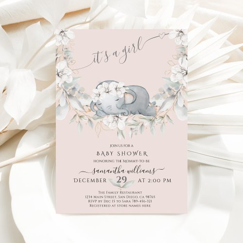 Sleep Elephant  Blush Pink Its a Girl Baby Shower Invitation