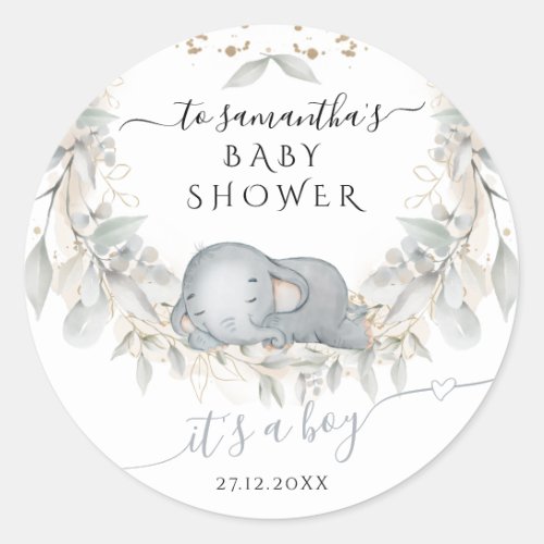 Sleep Elephant Greenery Its a Boy Baby Shower Classic Round Sticker