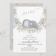 Sleep Elephant Greenery It's a Boy Baby Shower  Invitation