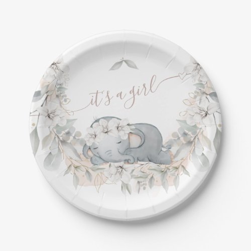 Sleep Elephant Its a Girl Baby Shower Paper Plates