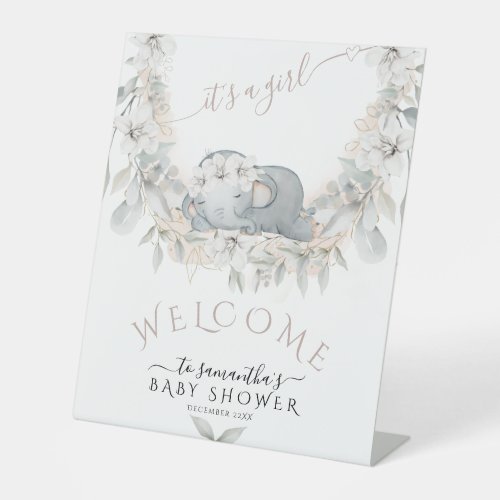 Sleep Elephant Its a Girl Baby Shower Welcome Pedestal Sign