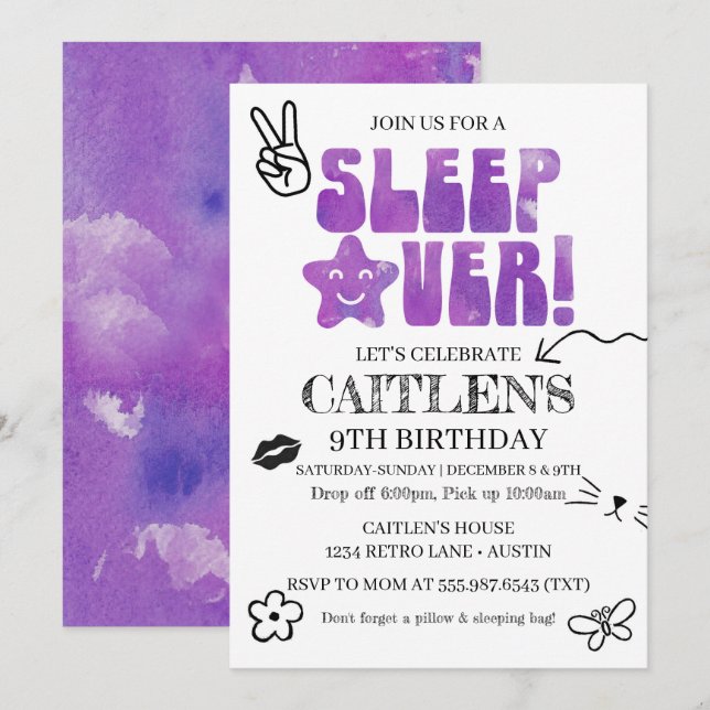 Sleep Over Birthday Party Retro Doodles Purple Invitation (Front/Back)