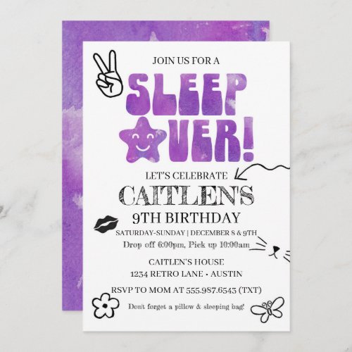 Sleep Over Birthday Party Retro Doodles Purple Invitation