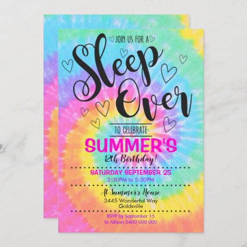 Sleep over Party Tie Dye Invitation Slumber Party