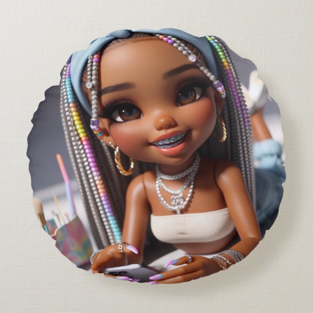 Sleep Tight Dream Bright CHIBI DOLL Round Pillow (Front)