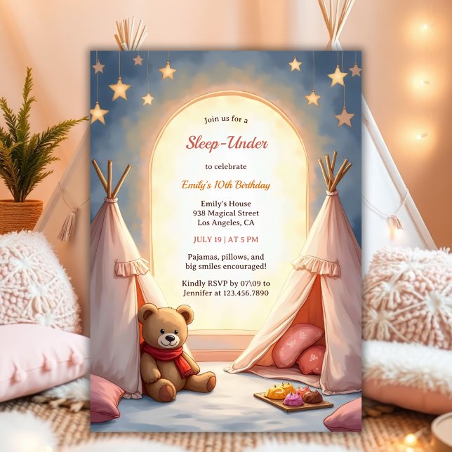 Sleep Under Cozy Pajama Party For Girls Birthday Invitation (Sleep-Under Birthday Invitation – Cozy Pajama Party Invite for Girls Watercolor Birthday Invite)