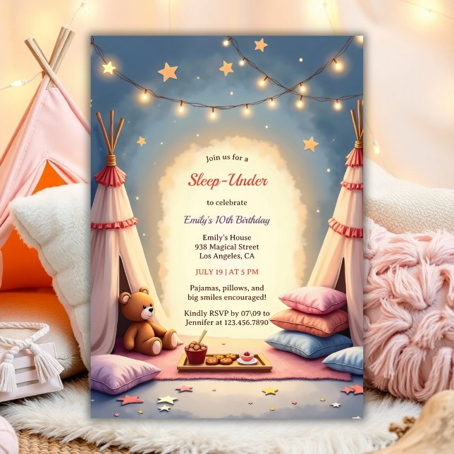 Sleep Under Cute Cozy Indoor Party Birthday Invitation (Sleep Under Cute Birthday For Girls Cozy Indoor Party Watercolor Birthday Invitation)