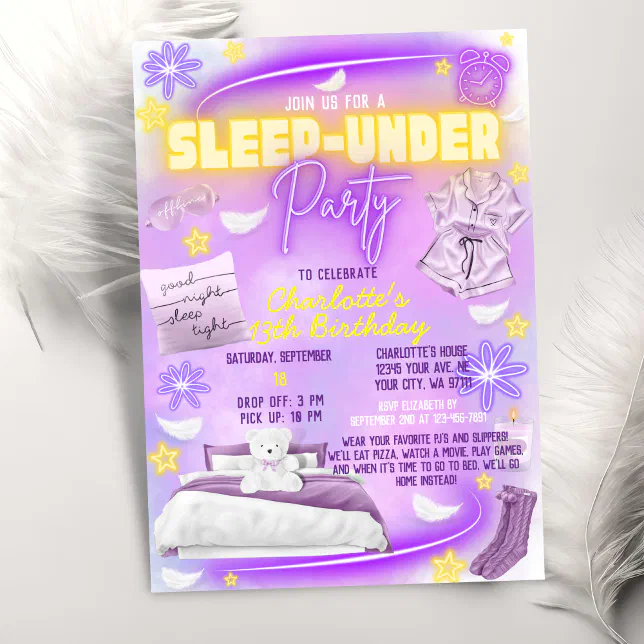 Sleep Under Neon Glow Tween Girls Birthday Party Invitation | Zazzle