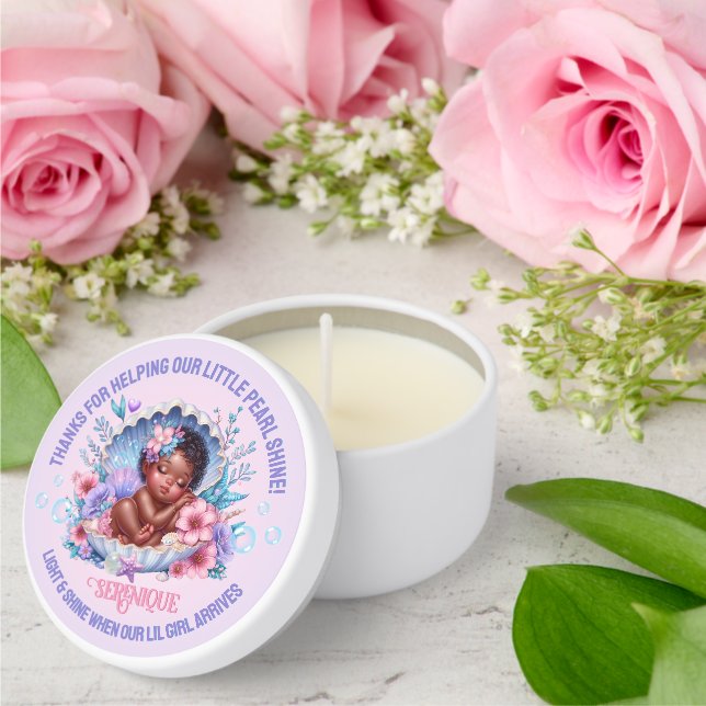 Sleeping African American Baby Girl Seashell Mini Candle Favors (Insitu (Wedding))