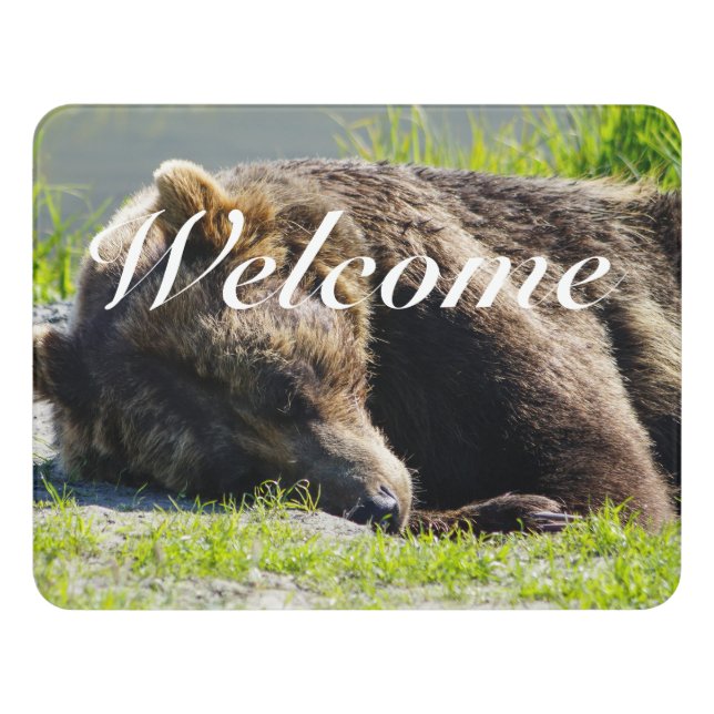 Sleeping Alaskan Grizzly Bear Welcome Door Sign (Contemporary Front)