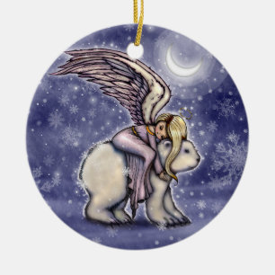 Sleeping Angel on Polar Bear Christmas Art Ceramic Ornament