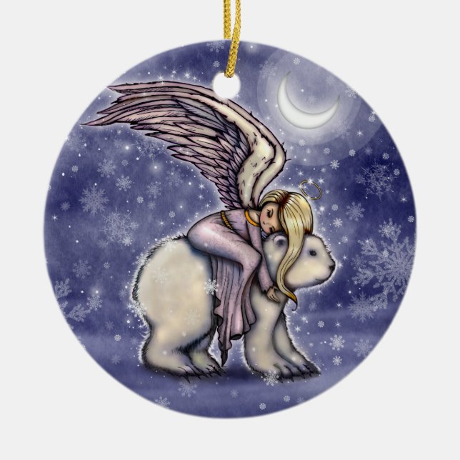 Sleeping Angel on Polar Bear Christmas Art Ceramic Ornament (Front)