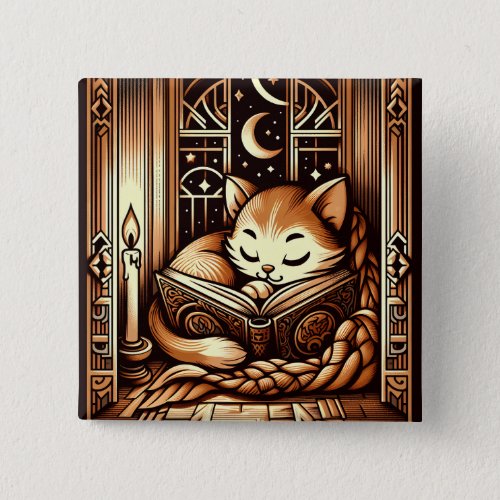 Sleeping Art Deco Style Cat With A Book Button