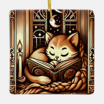 Sleeping Art Deco Style Cat With A Book Ceramic Ornament