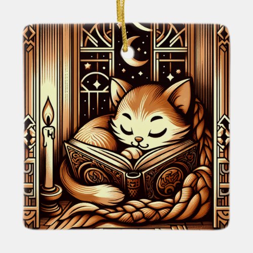 Sleeping Art Deco Style Cat With A Book Ceramic Ornament