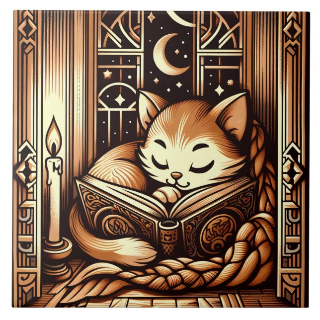Sleeping Art Deco Style Cat With A Book Ceramic Tile (Front)