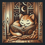 Sleeping Art Deco Style Cat With A Book Faux Canvas Print<br><div class="desc">Adorable art deco art style illustration of a cat sleeping on a book by candle light,  in front of a window with a night sky with moon and stars outside. The colors are a brown sepia tones.</div>