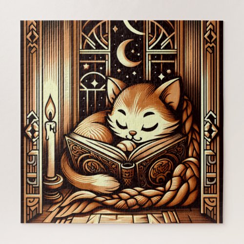 Sleeping Art Deco Style Cat With A Book Jigsaw Puzzle